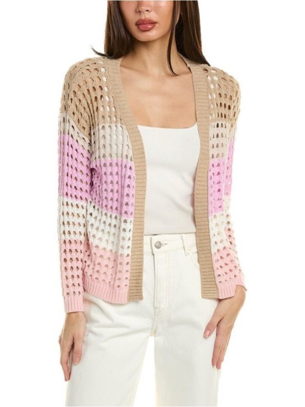 WISPR Pointelle Open Knit Silk Blend Striped Cardigan Pink Purple Women’s Size L